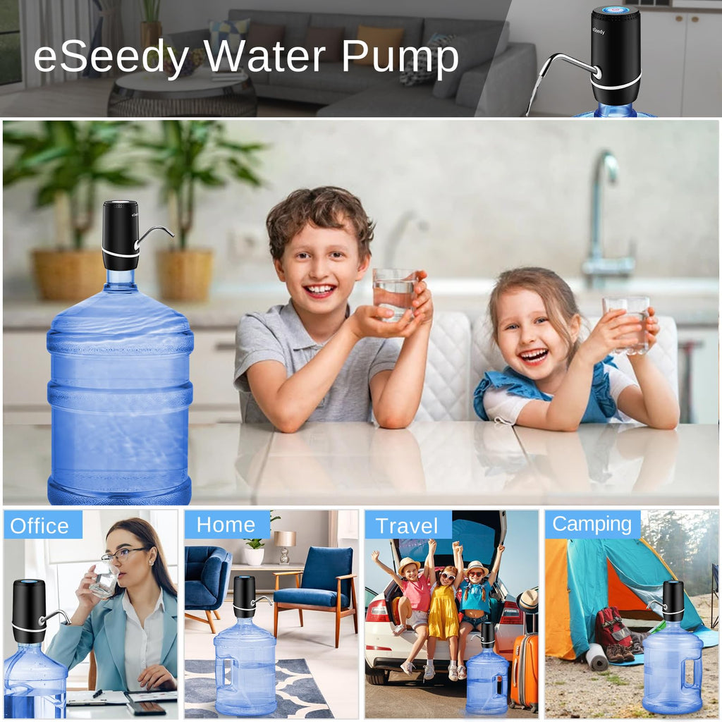 Black countertop water pump dispenser with hose attached to blue bottle for drinking water