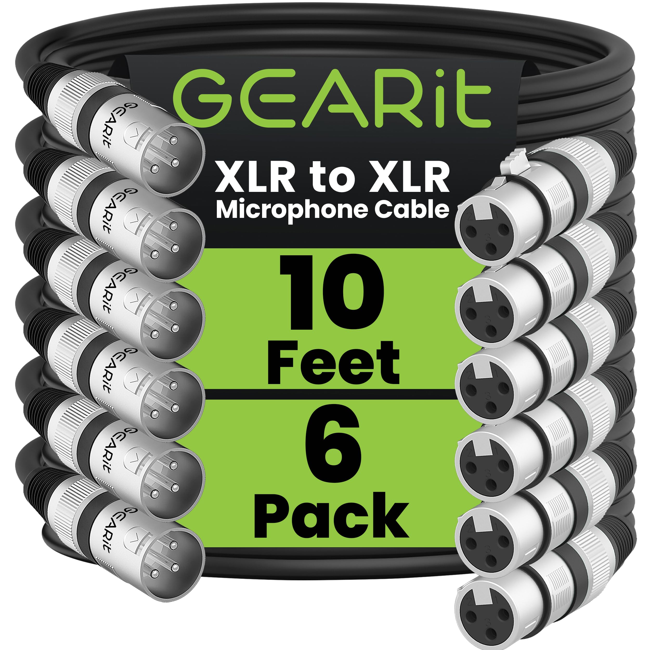 GEARit XLR Cables 20 ft 6 Pack, XLR Male to Female Microphone Cable, Balanced Shielded Mic Cable with Copper Conductors for Recording Studio, Podcast Setup, Stage Audio, Live Sound