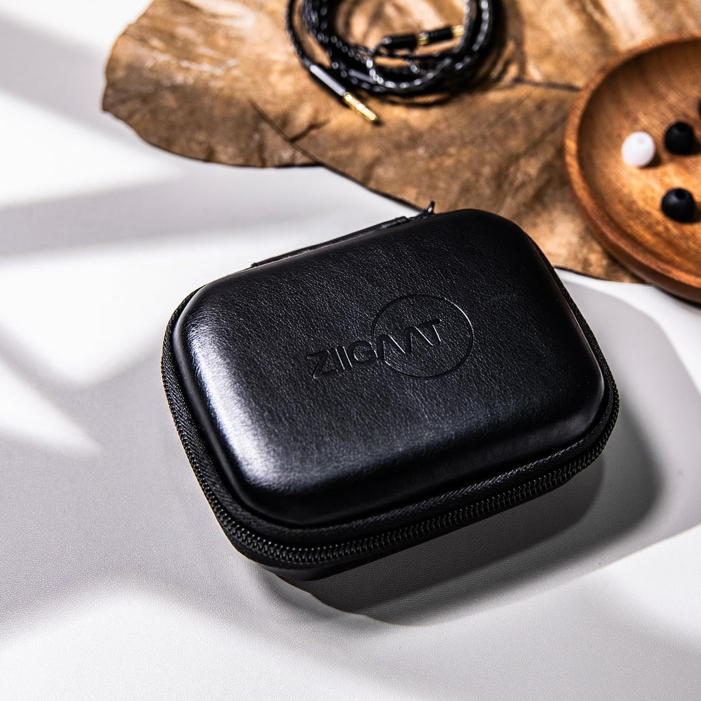 Black leather IEM earbud storage case with zipper and embossed ZiiGaat logo