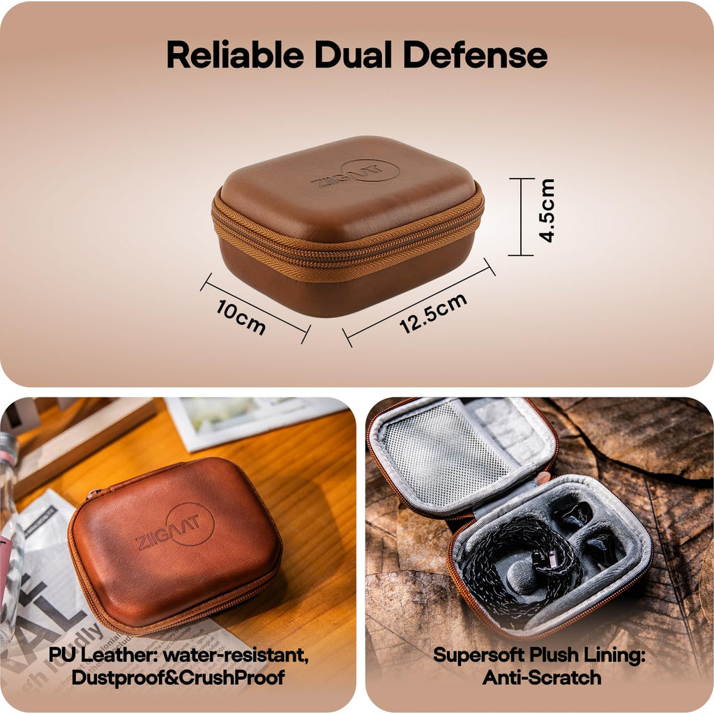 Brown leather earbud case with zipper, showing plush gray lining and molded compartments