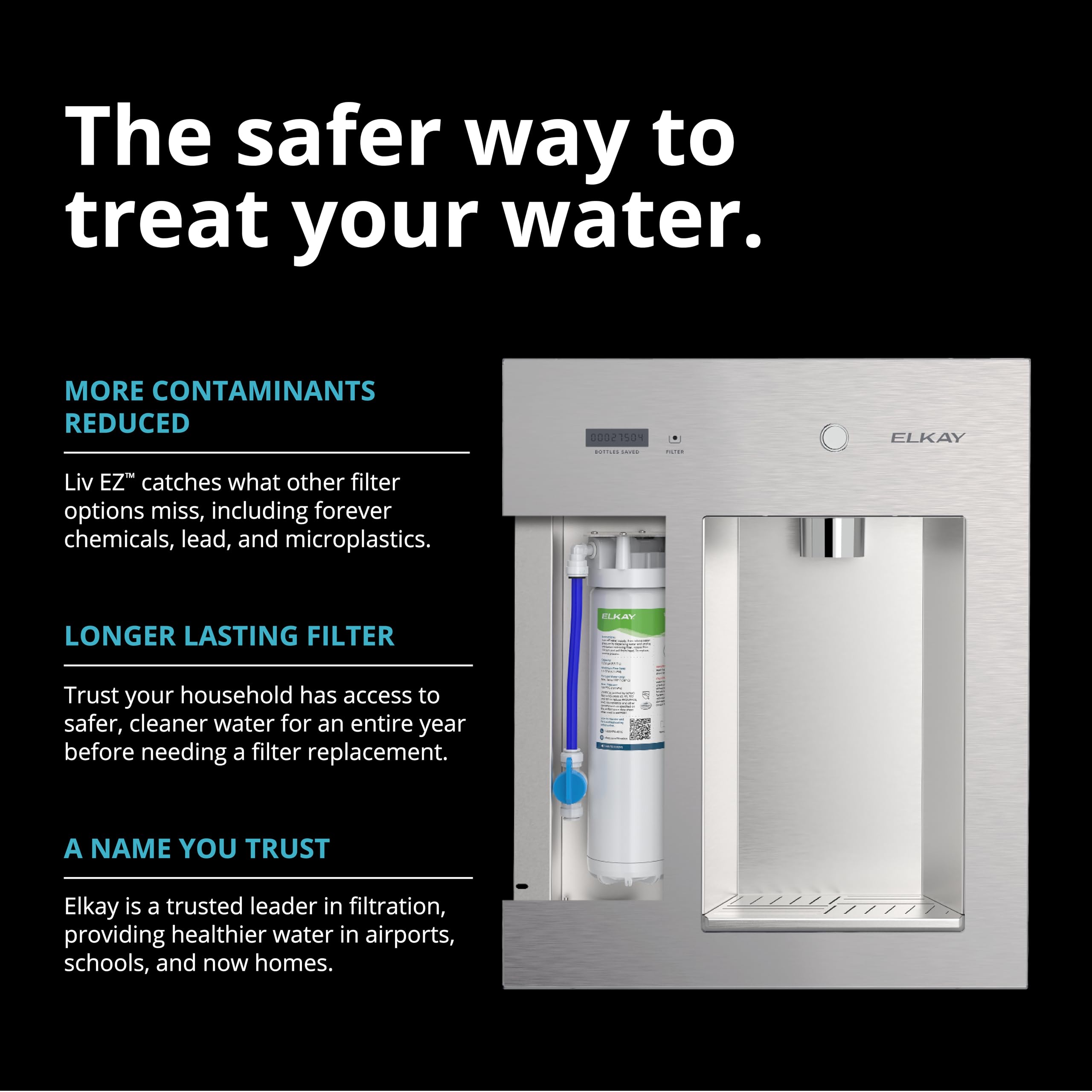 Wall-mounted water dispenser with open filter area and internal cartridge, shown on product graphic