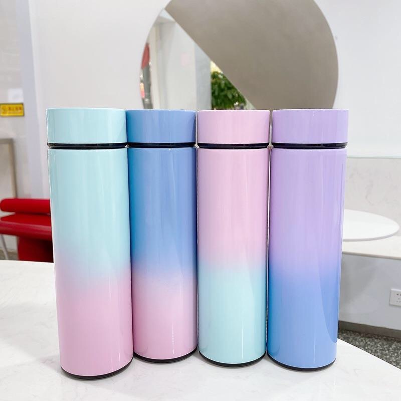 Vacuum insulated stainless steel bottle set, pastel gradient blue/pink/purple with black lids