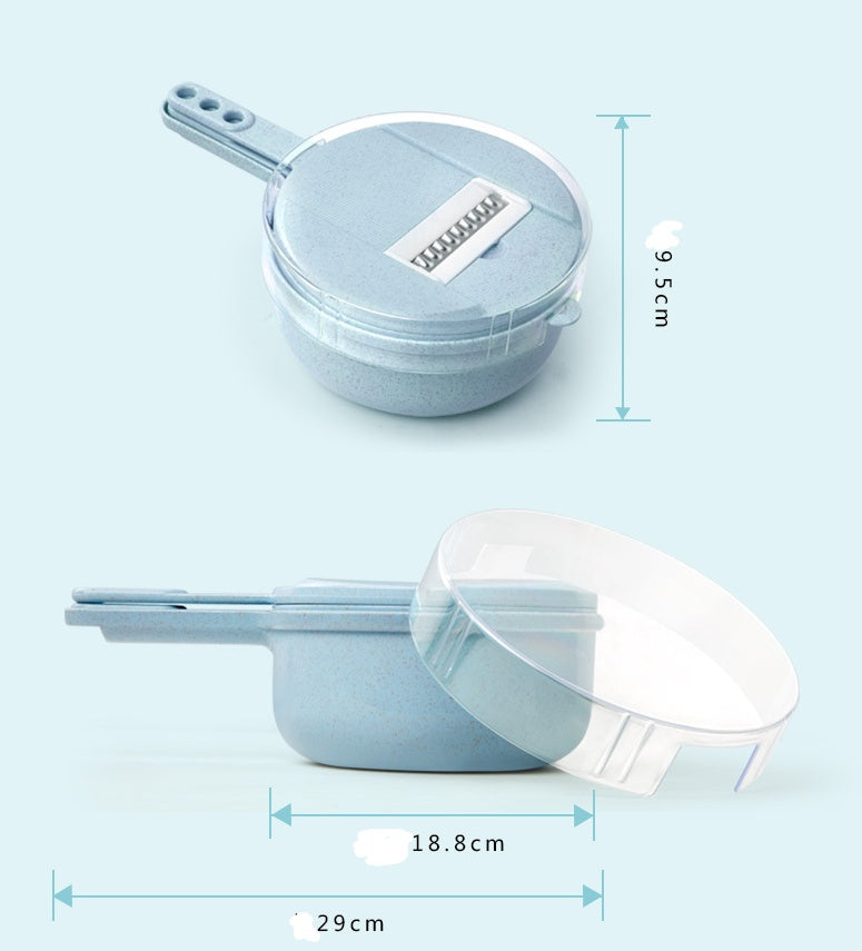 Mandoline vegetable slicer with size dimensions shown, including lid and grating insert.