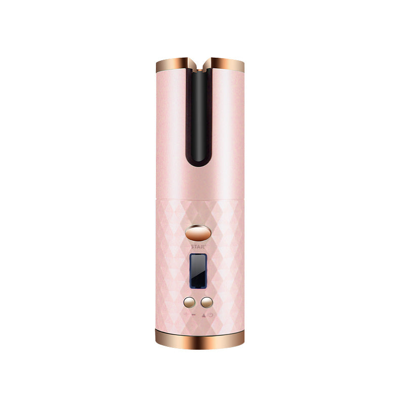 Automatic hair curler, light pink body with gold top accents and control panel