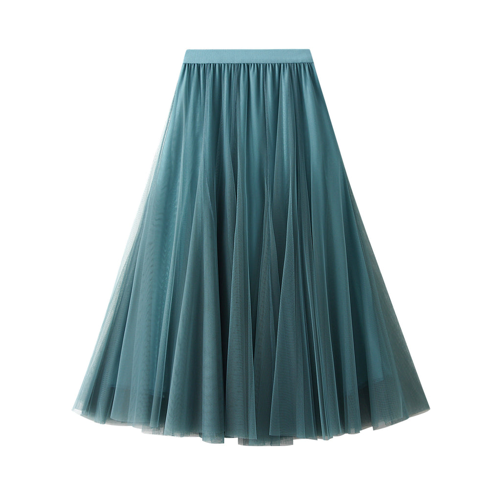 Teal tulle pleated skirt with high elastic waistband, mid-length flare