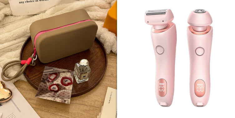 Electric hair trimmer with foil shaving head and light brown pouch, blue device