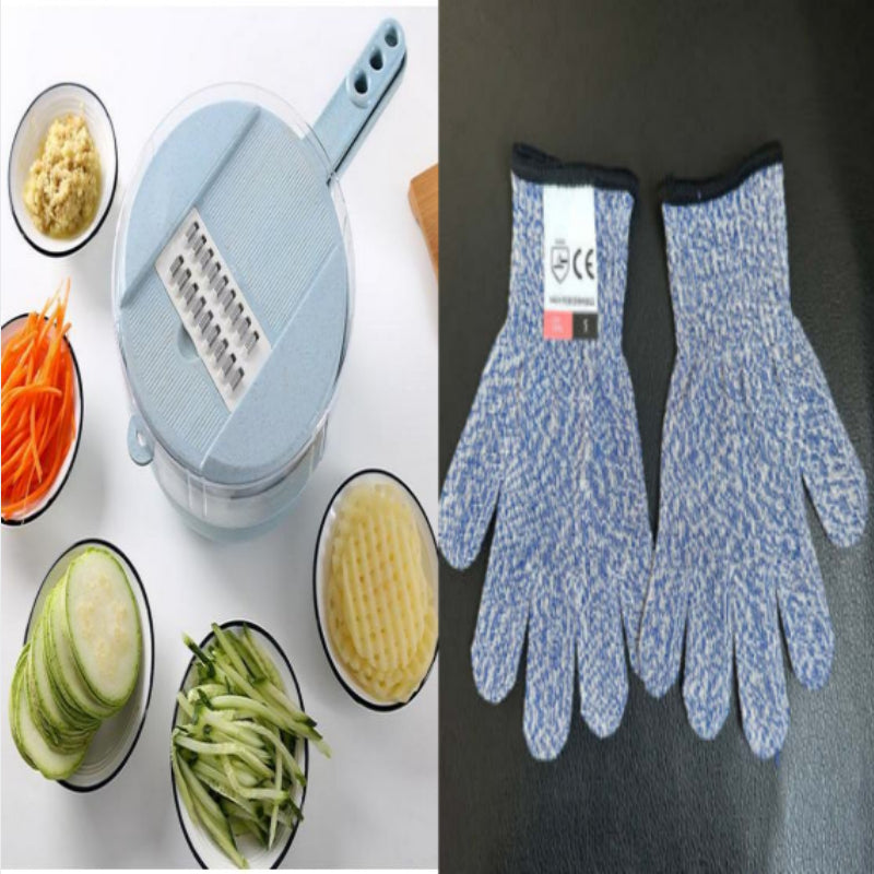 Mandoline slicer with grating plate and blue knit safety gloves for food prep.