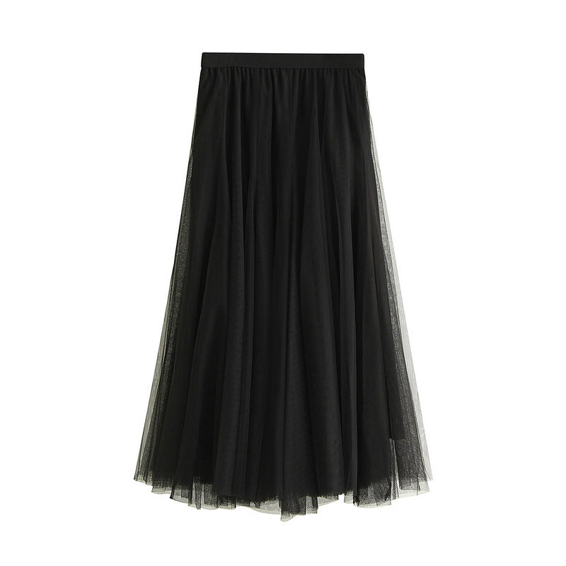 High-waist tulle pleated mid-length skirt, black