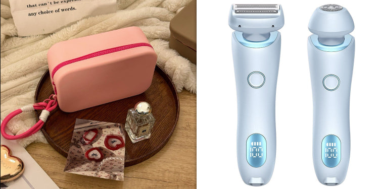 Electric hair trimmer with foil shaving head, light blue body and charging travel pouch