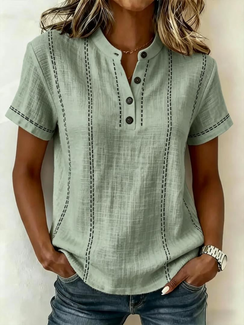 Women’s striped short-sleeve blouse, light green with dark vertical stitching, button V-neck