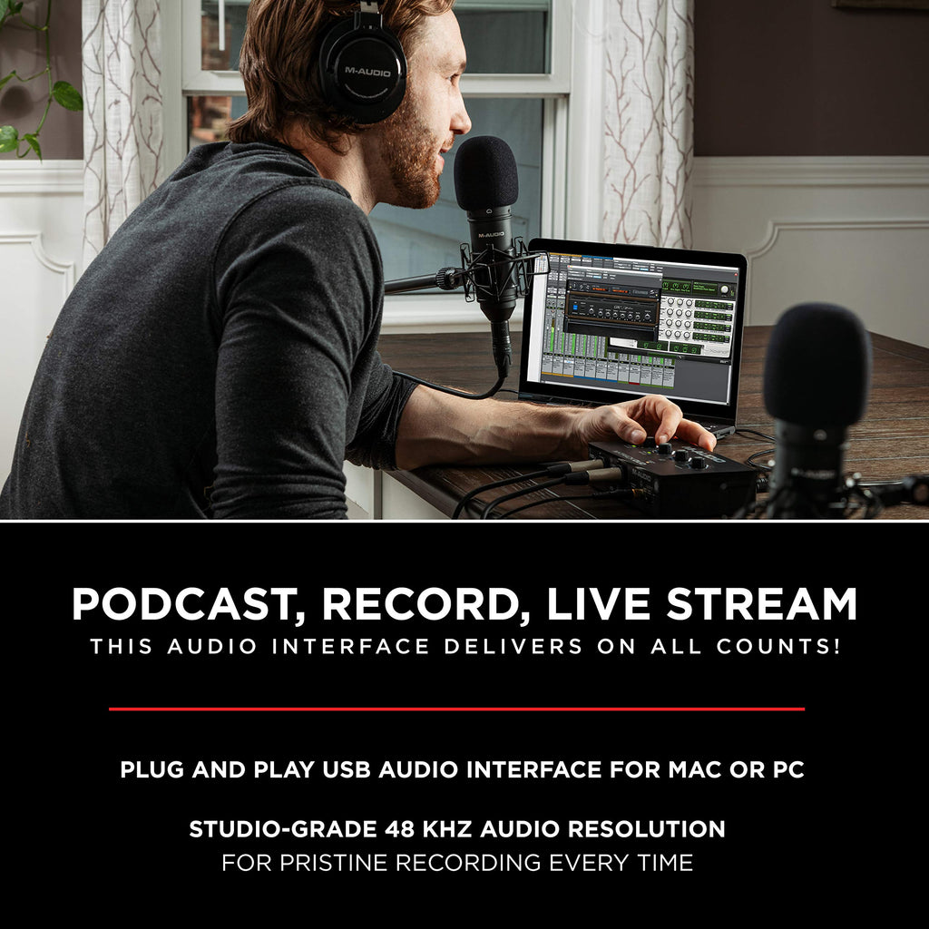 M-AUDIO M-Track Duo USB Audio Interface zum Aufnehmen, Streamen und Podcasting mit zwei XLR-, Line- und DI-Eingängen sowie einer Software-Suite