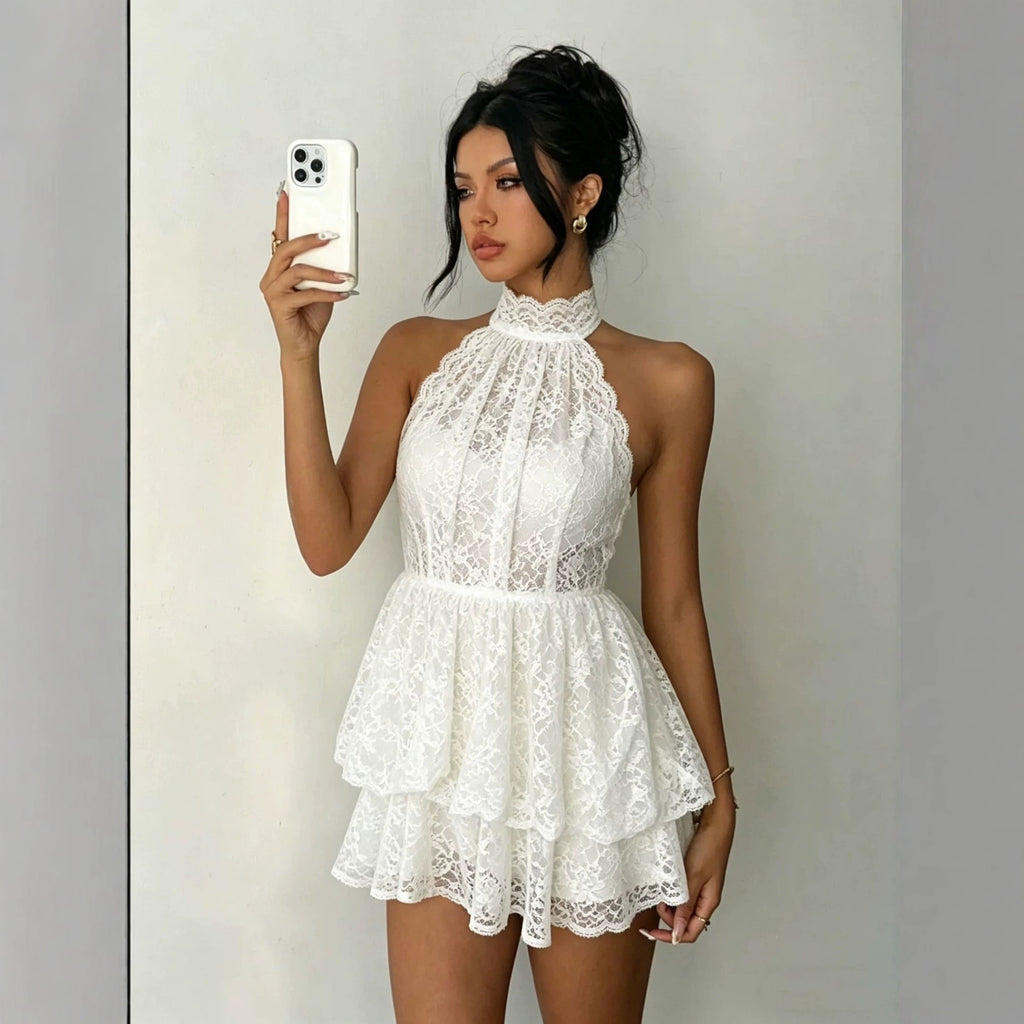 White lace halter short dress with tiered skirt and open back, side view