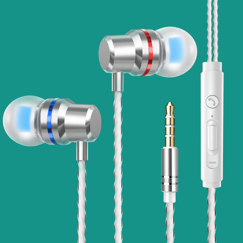 In-ear metal wired headphones, silver earbuds with red and blue rings, white inline remote