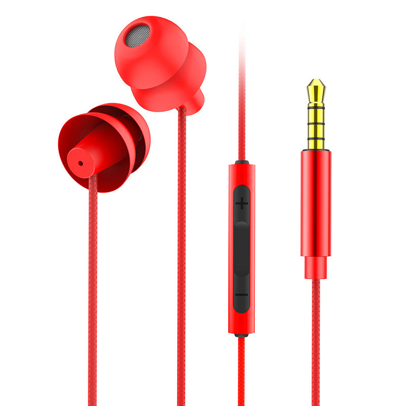 Red wired earbud headphones with inline remote and gold-tipped 3.5mm plug