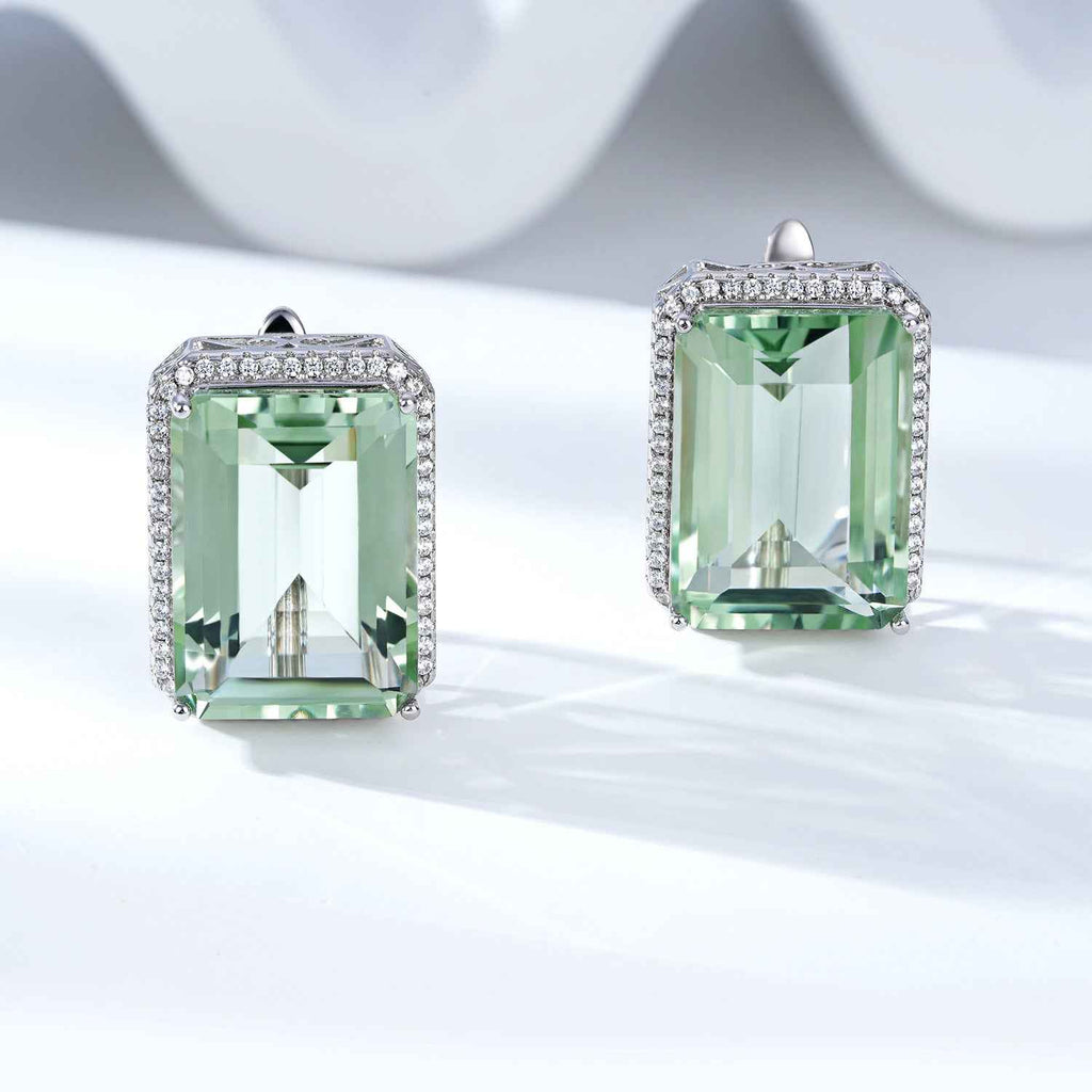 Green square crystal stud earrings with S925 silver halo and clear pavé border