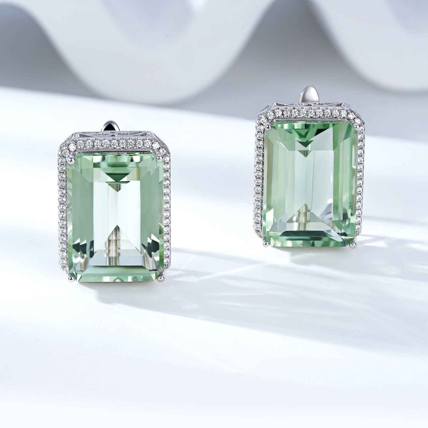 Green square crystal stud earrings with S925 silver halo and clear pavé border