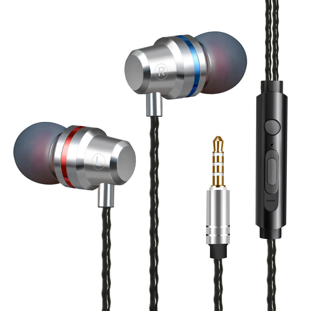 Silver metal in-ear headphones with foam tips and black inline remote cable