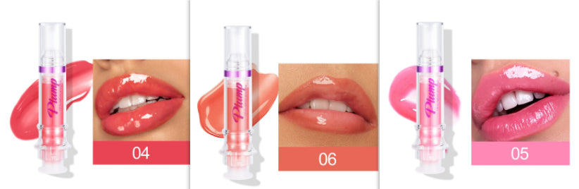 Liquid lip gloss in clear tube with pink label; lip swatch shows shade 04, 06, 05.