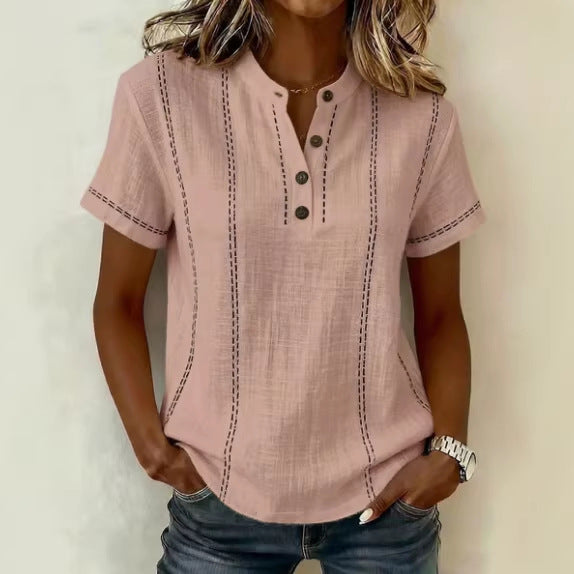 Women’s striped short-sleeve blouse, blush pink with dark vertical stitching, button V-neck