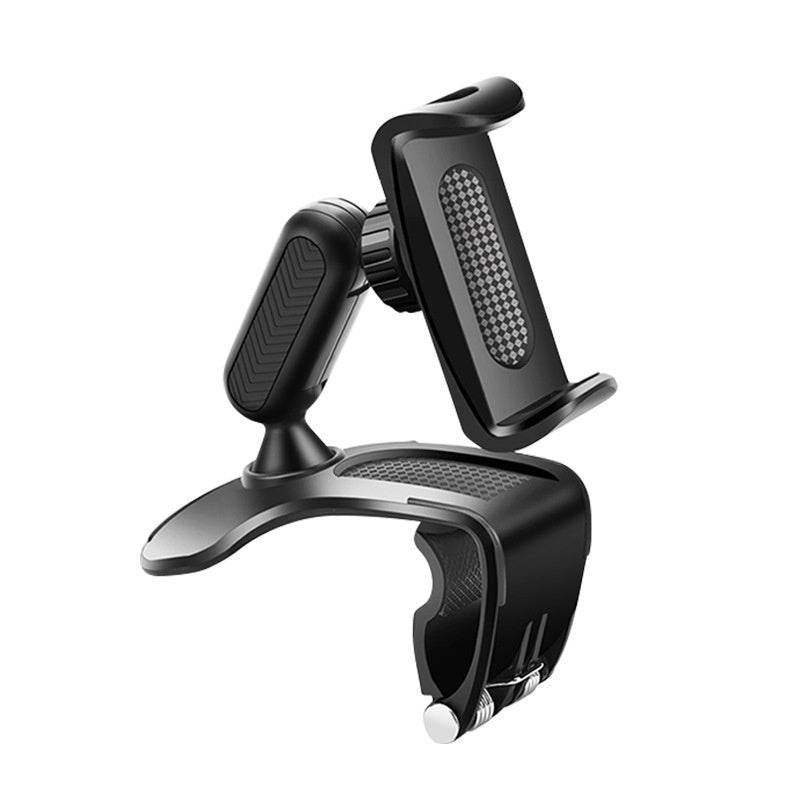 Black car phone clip holder with perforated grip panel and wide circular base.