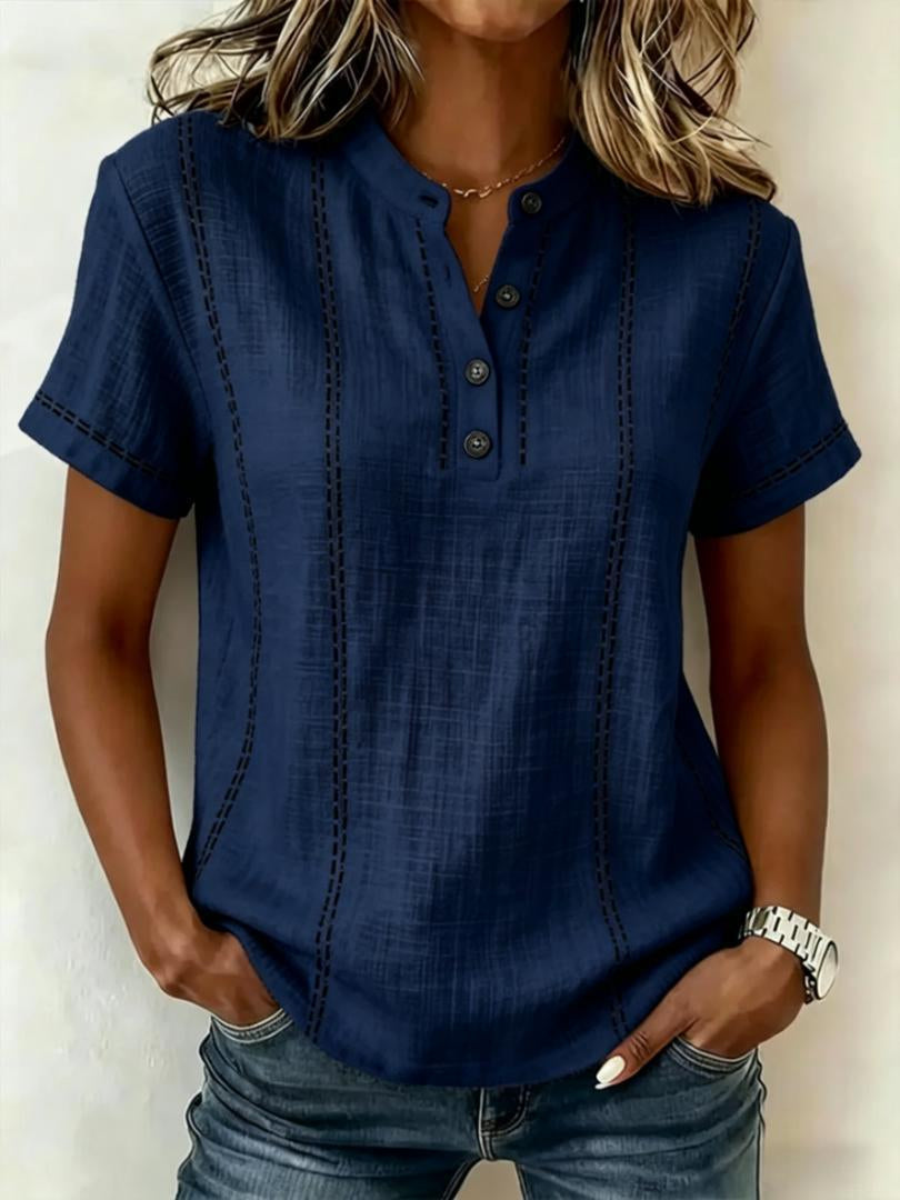 Navy striped short-sleeve shirt with V-neck, stand collar, and button placket