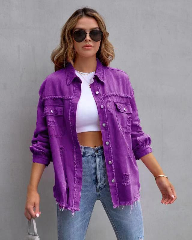 Purple ripped denim shirt jacket with button front and chest pockets