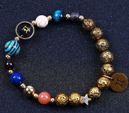 Zwölf-Konstellationen-Armbänder Blau San Vulkangestein Antikes & Gold Perlenarmband