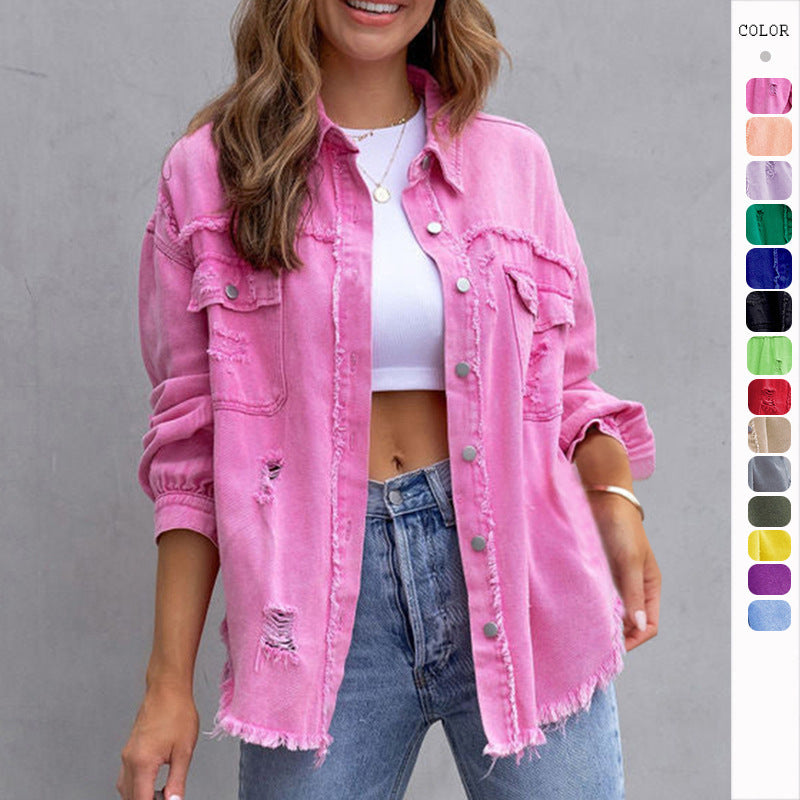Women’s ripped denim shirt jacket in pink, with button front and chest flap pockets