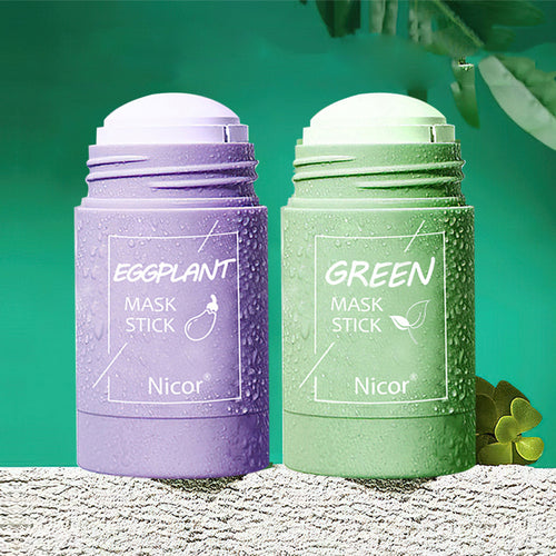 Mask stick clay set in lavender and green jars with open caps