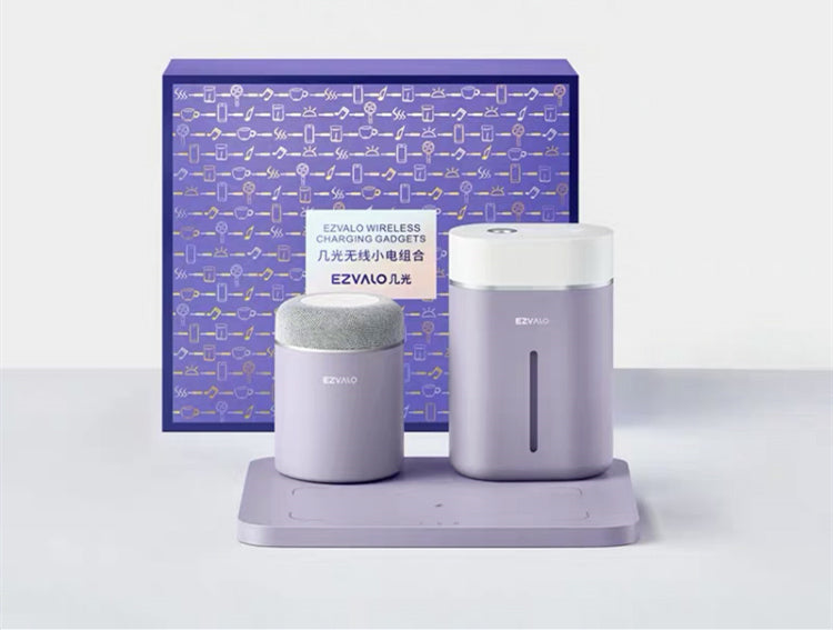 Wireless charging night light speaker set: two cylindrical speakers on base, light grey