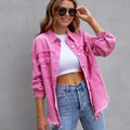 Women’s ripped denim shirt jacket in pink, button-up style with chest pockets