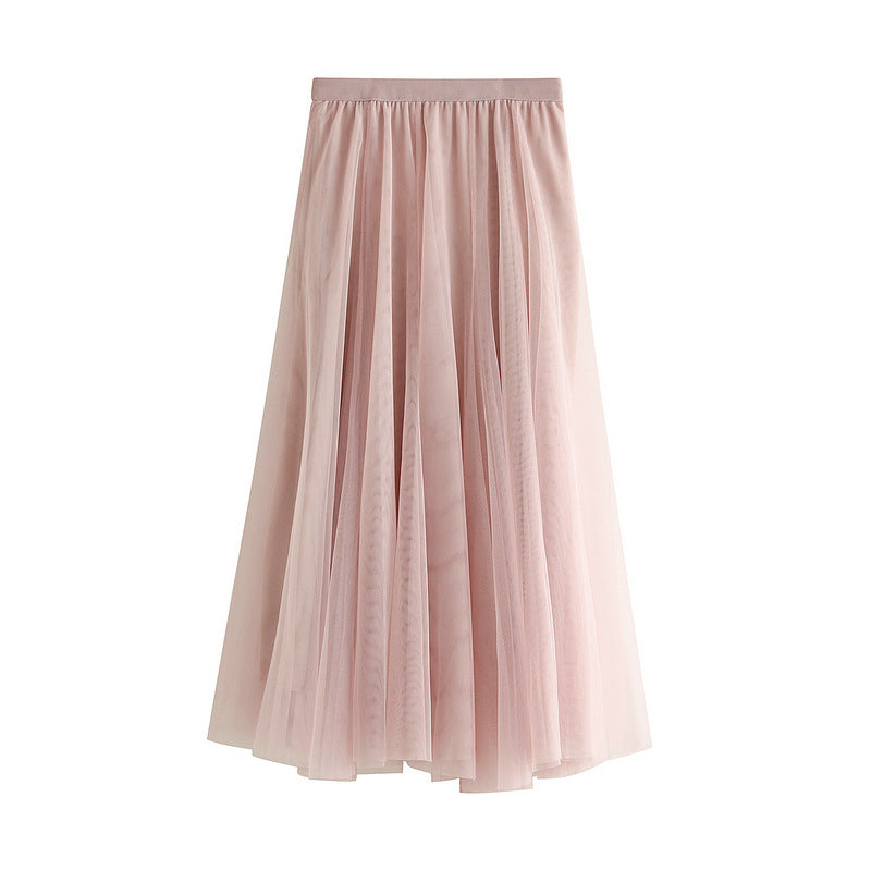 High-waist tulle pleated mid-length skirt, pale pink