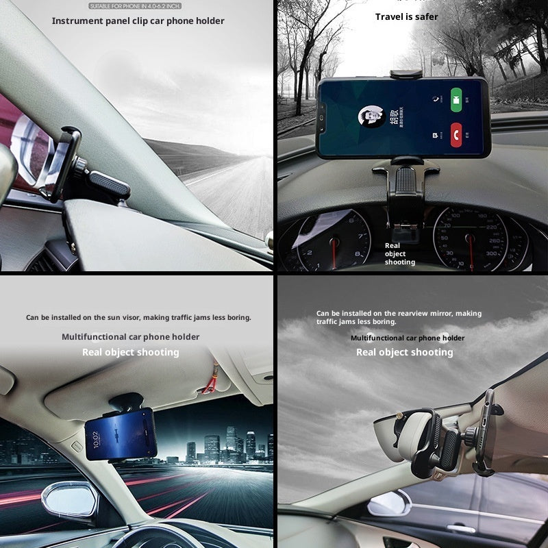 Dashboard phone clip holder securing a smartphone to the car instrument panel.