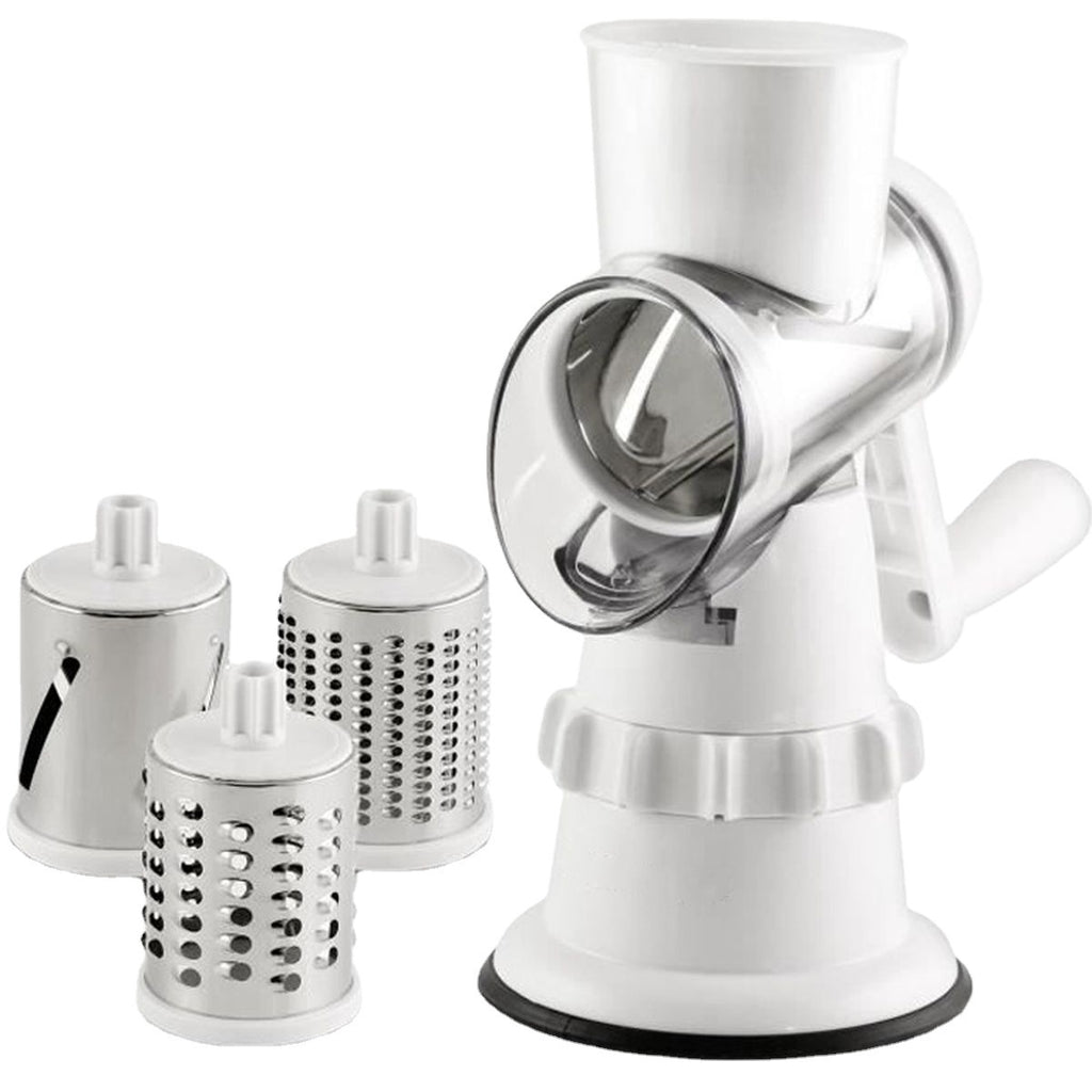 Front view of white 3-in-1 manual vegetable slicer with three grater drums