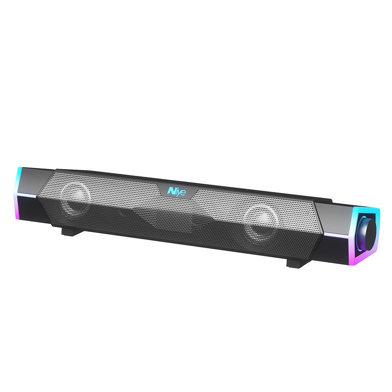 Black soundbar speaker with perforated grille and cyan-lit end caps, volume knob