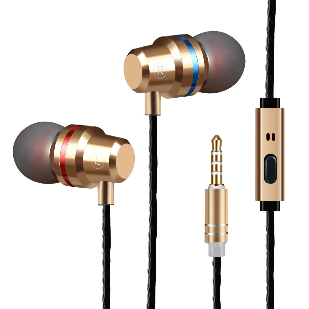 Gold metal in-ear headphones with foam tips and gold inline remote cable