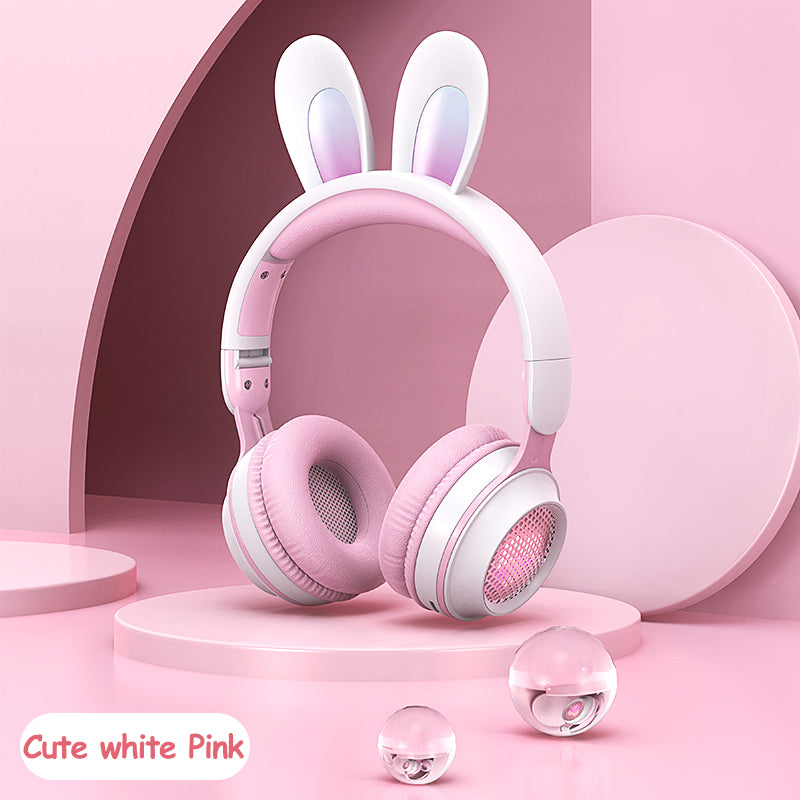 White and pink rabbit-ear wireless headphones with cushioned over-ear cups