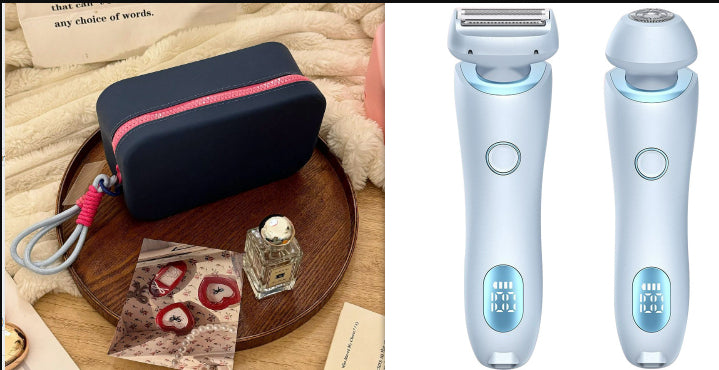 Electric hair trimmer with foil shaving head and blue body, with dark case
