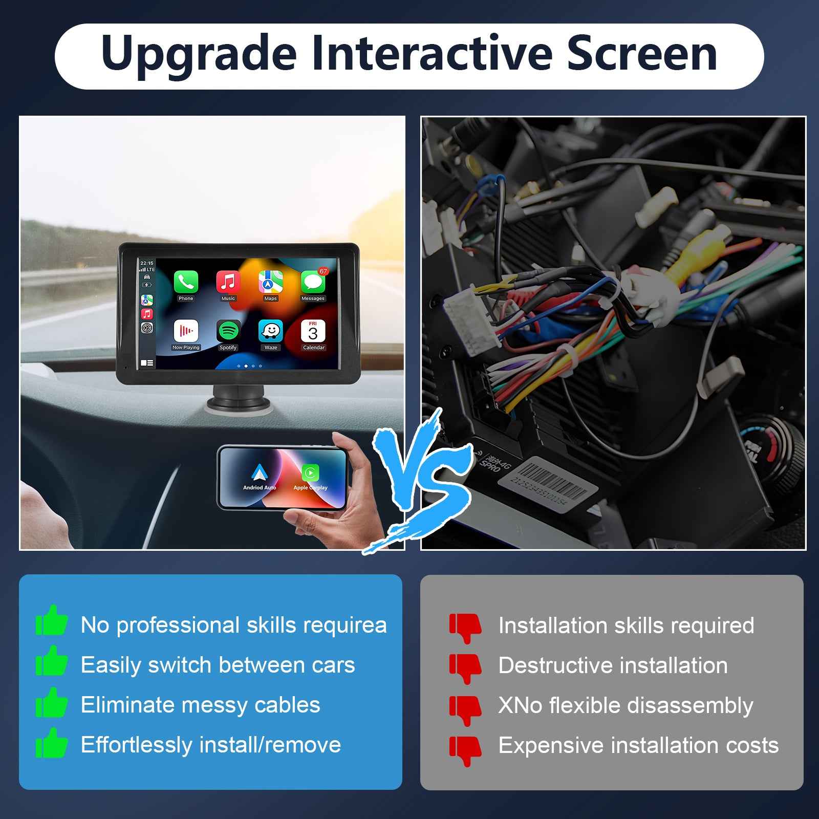 Portable Car Stereo Wireless CarPlay & Android Auto, Car Radio 7inches Touchscreen, Bluetooth5.0, Mirror Link, Maps Navigation, Voice Control, AUX Cable Vehicles