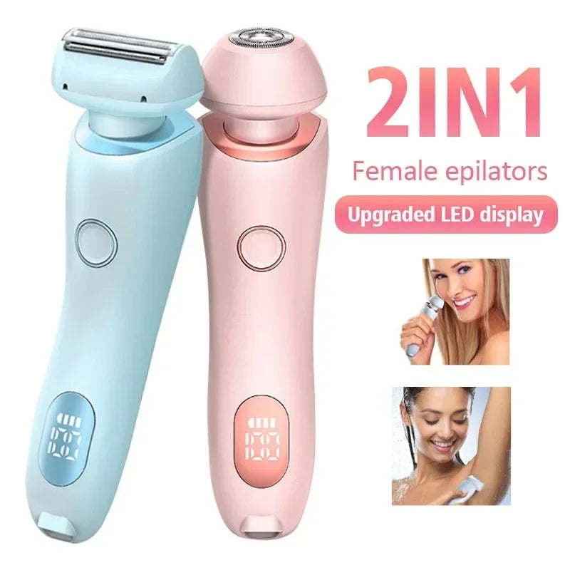 Two-in-one hair removal epilator and trimmer, blue and pink handheld devices