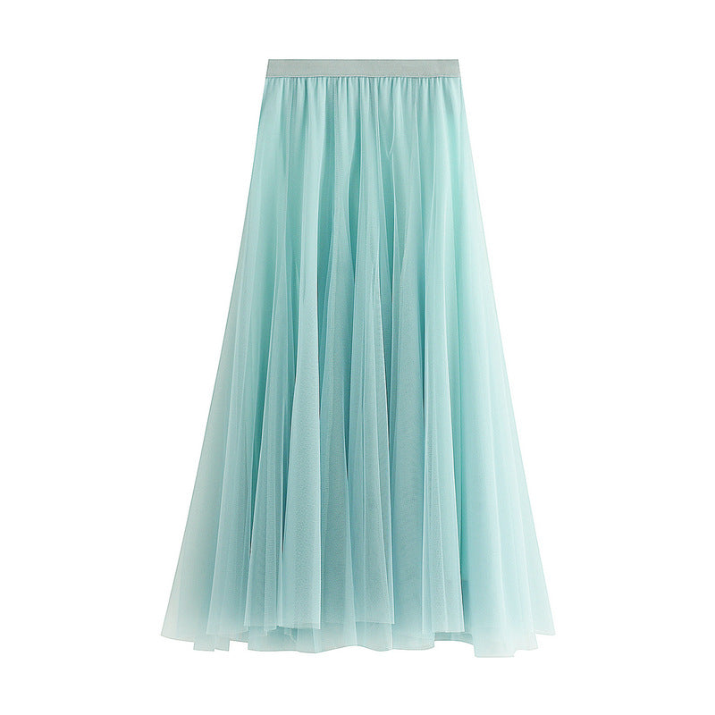 Mint tulle pleated skirt with high elastic waistband, mid-length flare