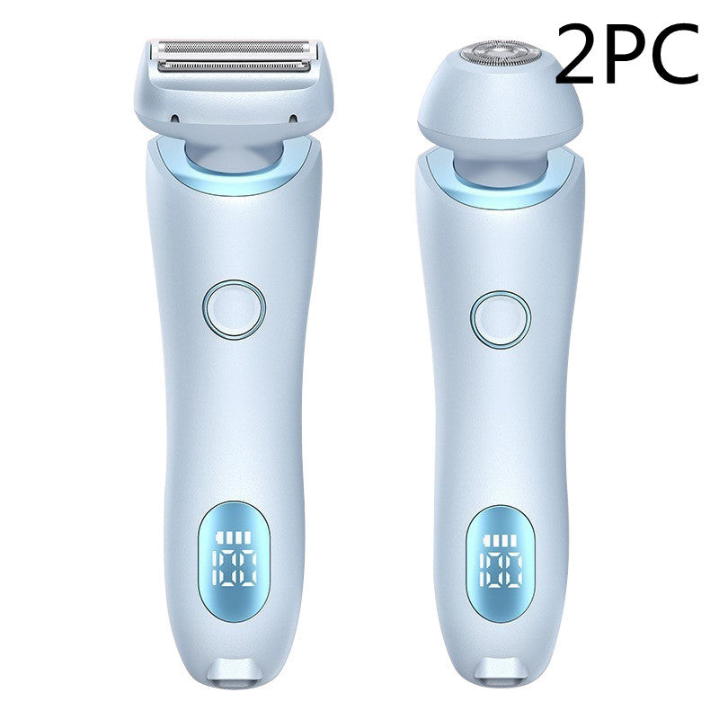 2-in-1 electric hair removal trimmer, light blue handheld unit with razor head