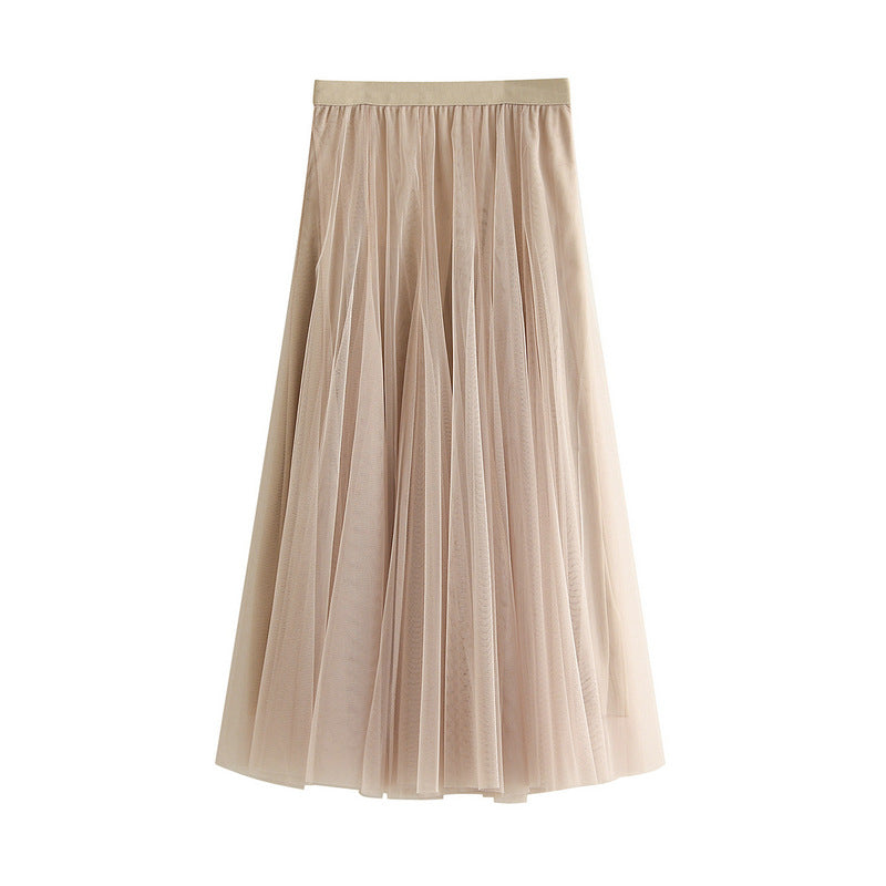 High-waist tulle pleated mid-length skirt, light beige
