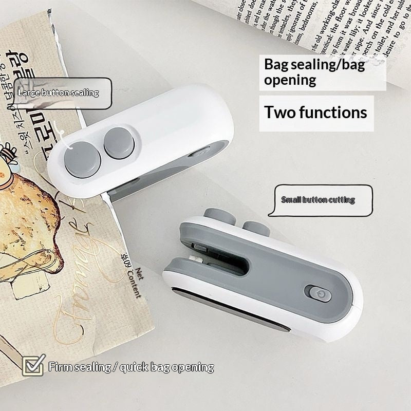 White portable heat sealer and bag opener device with open slot