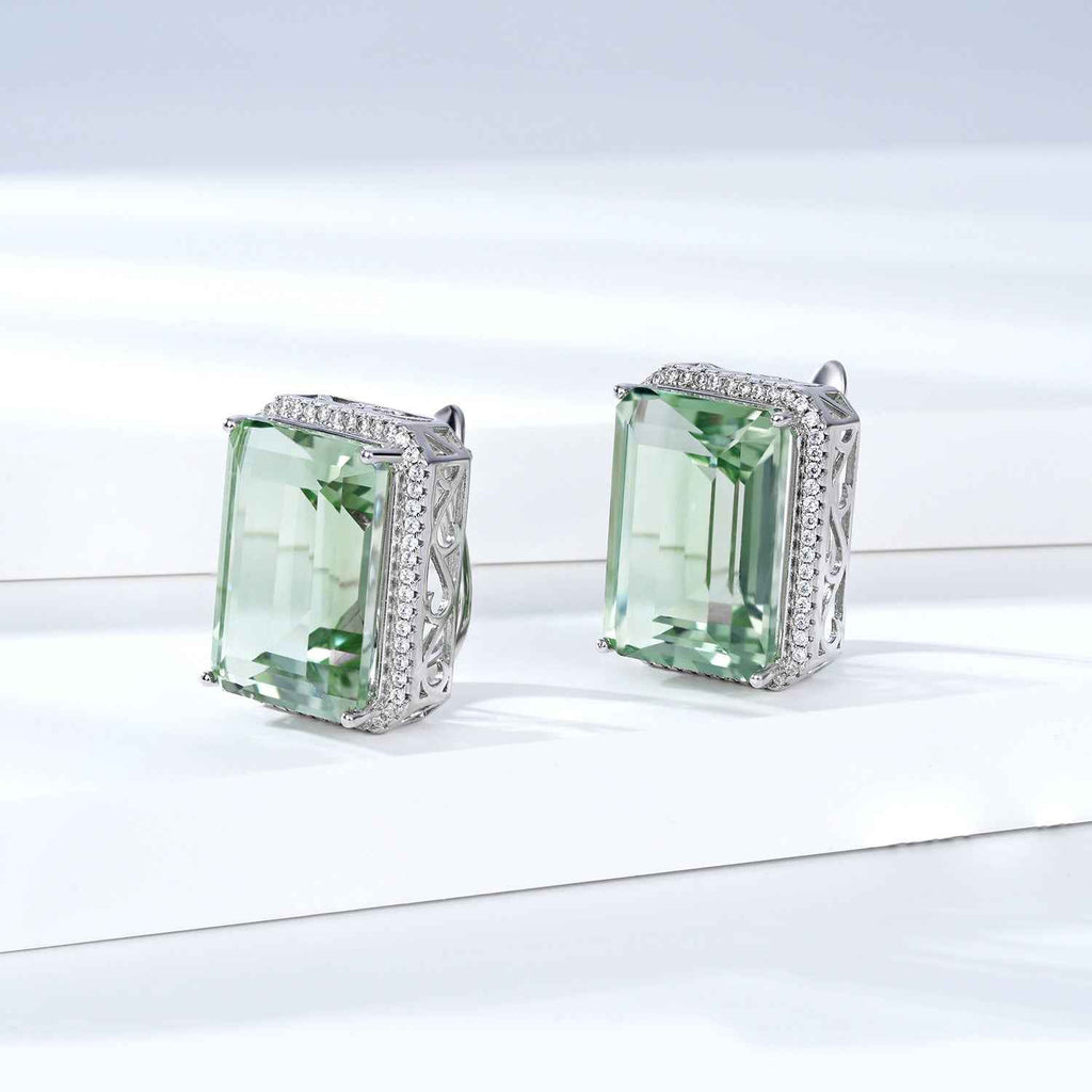 Square green crystal stud earrings in S925 silver with prong-set rectangular frame