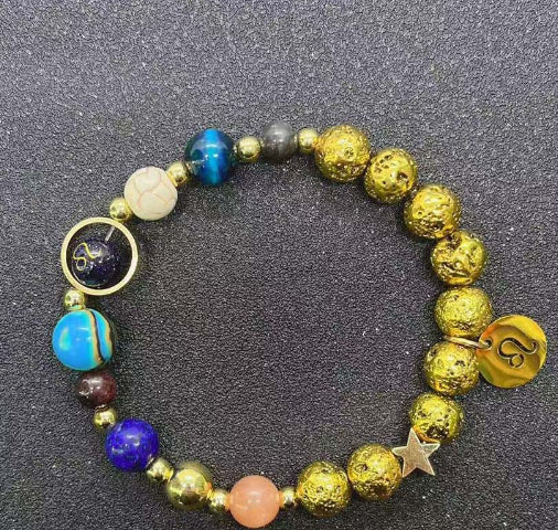 Zwölf-Konstellationen-Armbänder Blau San Vulkangestein Antikes & Gold Perlenarmband