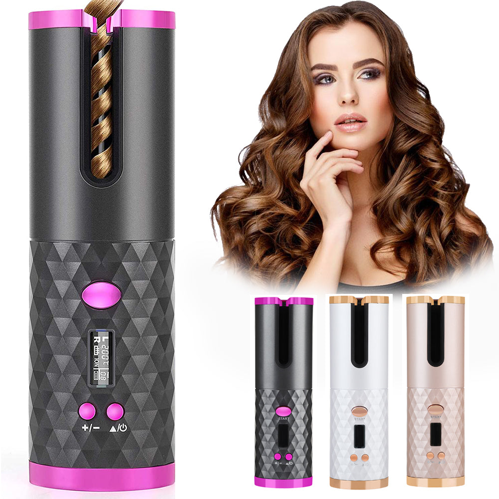 Rechargeable automatic hair curler, black with pink trim, LCD panel and curling barrel