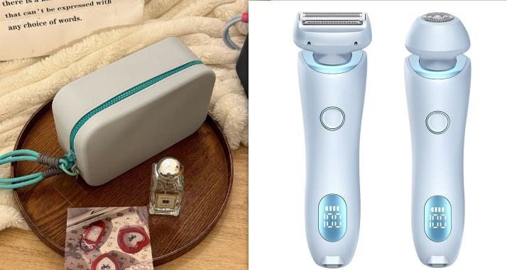 Electric hair trimmer with foil shaving head, light blue body and built-in LED display