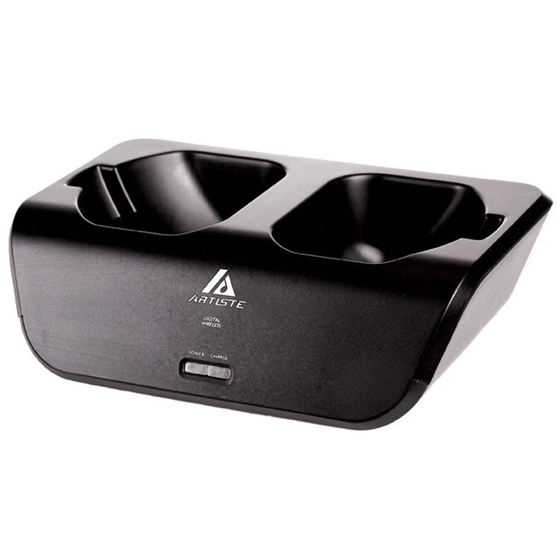 Black wireless headphone charging dock base with headset resting