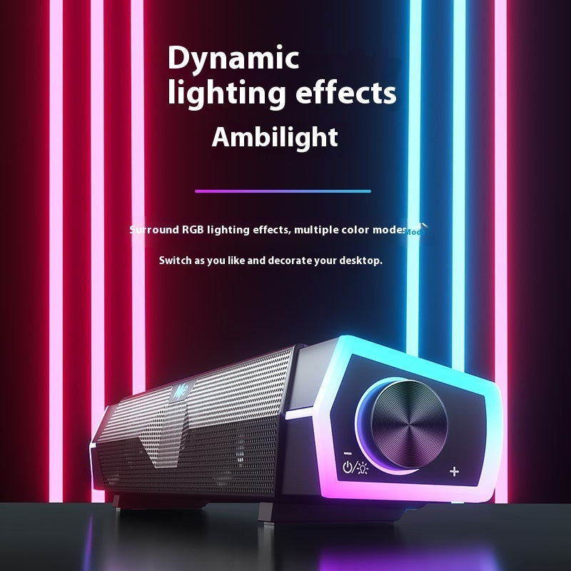 Black soundbar speaker with RGB lighting effects and large front control dial